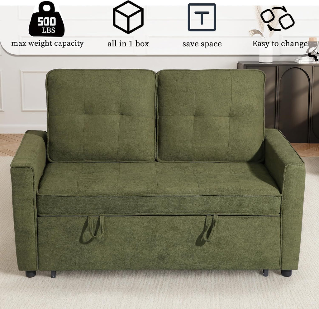 EJUNQ Pull Out Couch, Convertible Sofa Bed with USB and Reclining Backrest, Modern 3 in 1 Sleeper Sofa Couch Bed with Side Pockets, Comfortable Loveseat Sleeper for Small Spaces.(Green)