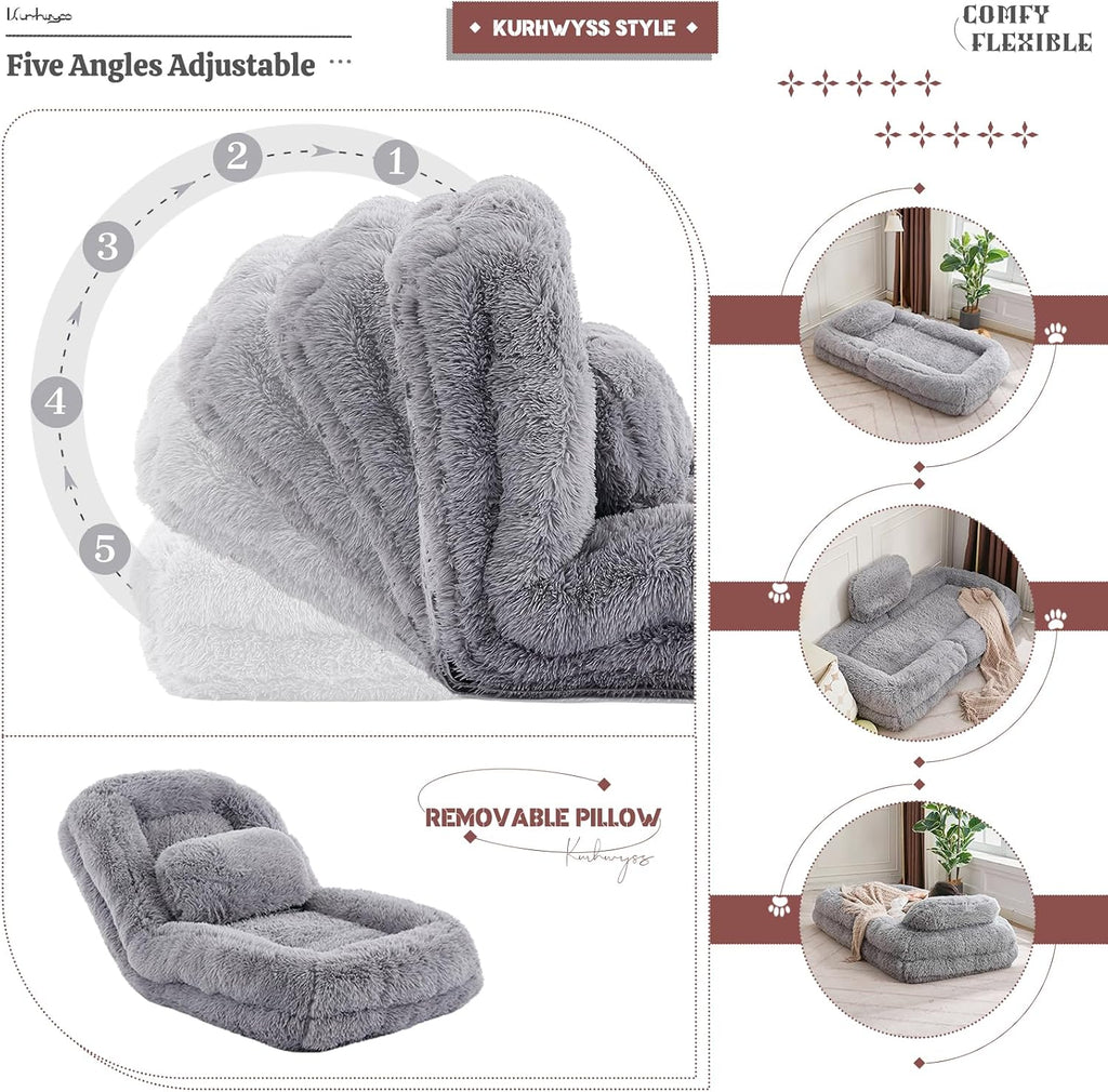 Upholstered Human Dog Bed for Adult & Pets, Convertible Lazy Sofa Bed with 5 Adjustable Position, Comfy Tatami Bean Bag Lounge Chair with a Soft Pillow for Bedroom Living Room (Light Gray Fluffy)