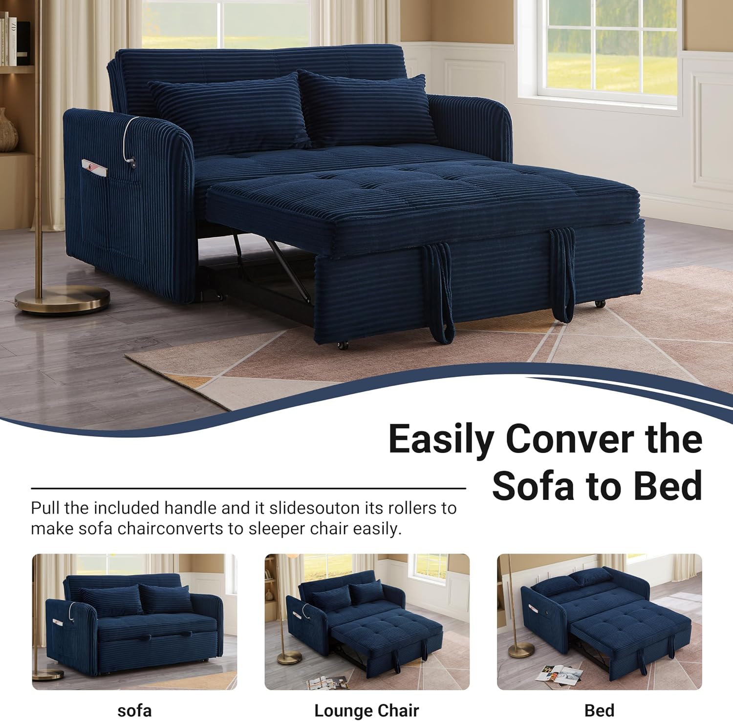 55.5' Corduroy Convertible Sofa Bed, Pull Out Sleeper Sofa Bed, Loveseat Couch with USB Charging Ports, 3 in 1 Convertible Sleeper Sofa Bed for Living Room, Apartment, Bedroom, RV, Blue