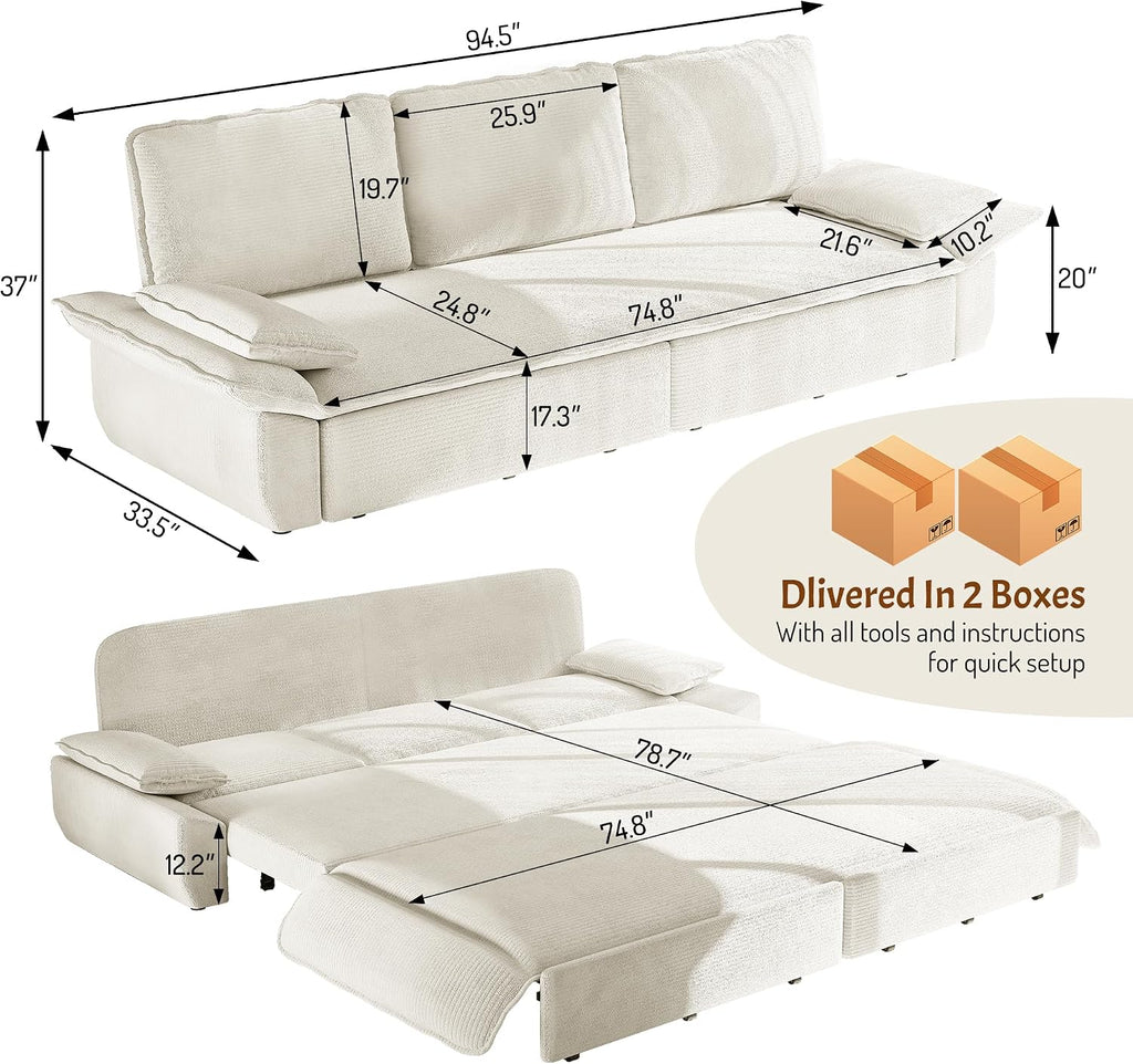 KEIKI 94.5' King-Size 3-in-1 Convertible Sleeper Sofa, Oversized Pull-Out Couch with Cloud-Style Deep Seat, Corduroy Reclining Loveseat for Home Theater & Family Living