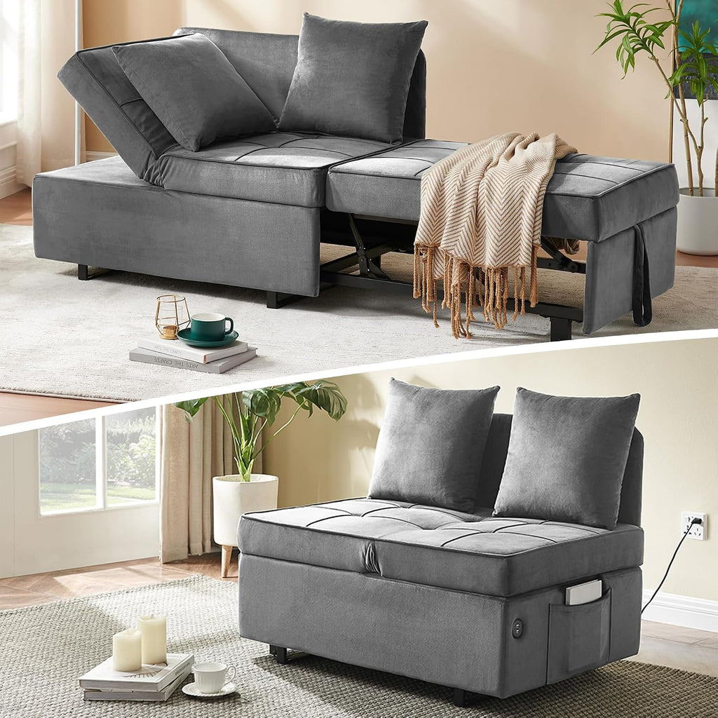 Sofa Bed 4-in-1 Convertible pull out Couch, Velvet Love seat Couch Sleeper Chair Bed with 2 Throw Pillow, Single Recliner with 5 Adjustable Backrests for Living Room Apartment Small Space, Light Grey
