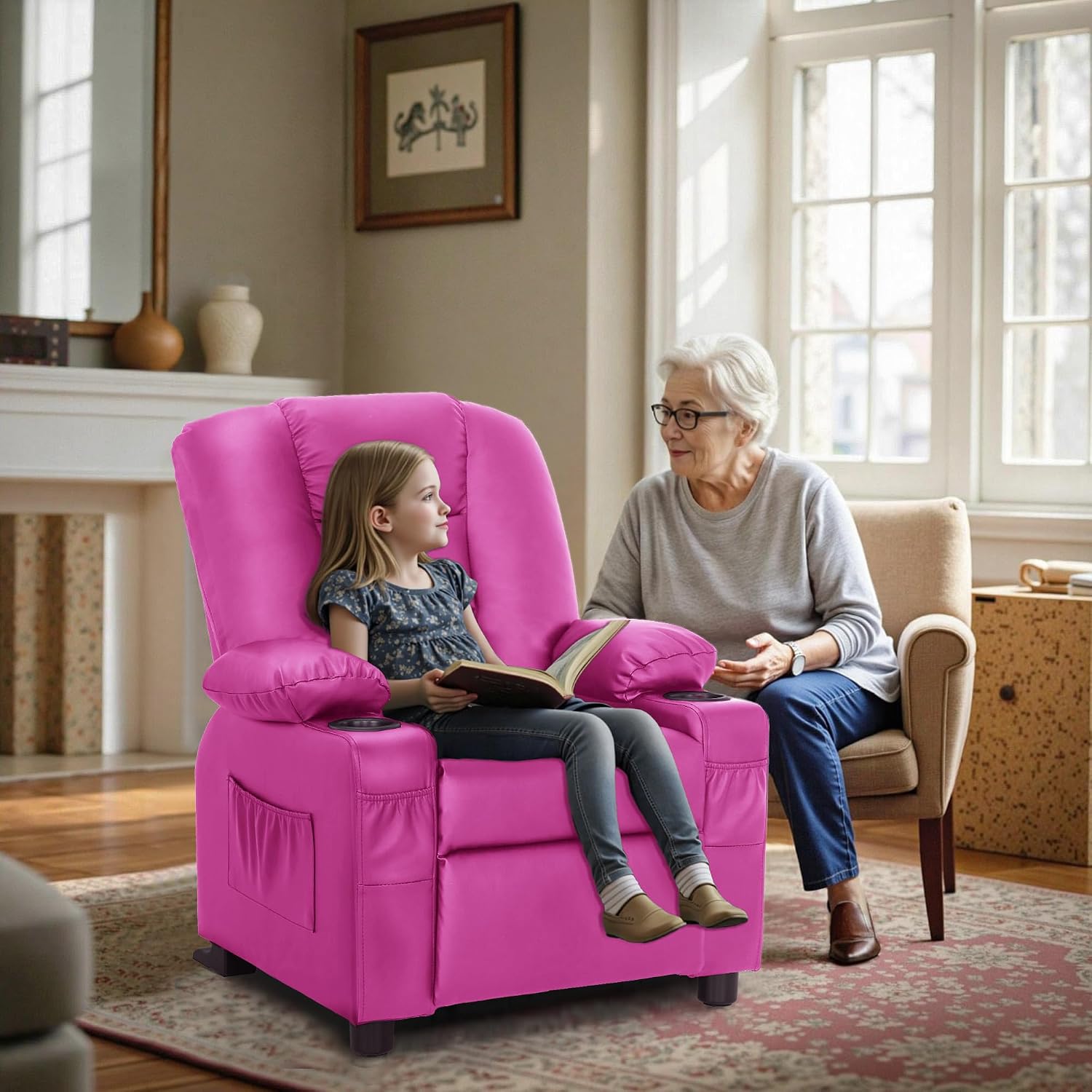MCombo Big Kids Recliner for Ages 3+, Child Reclining Chair, Toddlers Recliner Sofa with Cup Holders, Faux Leather, 7322(Pink)