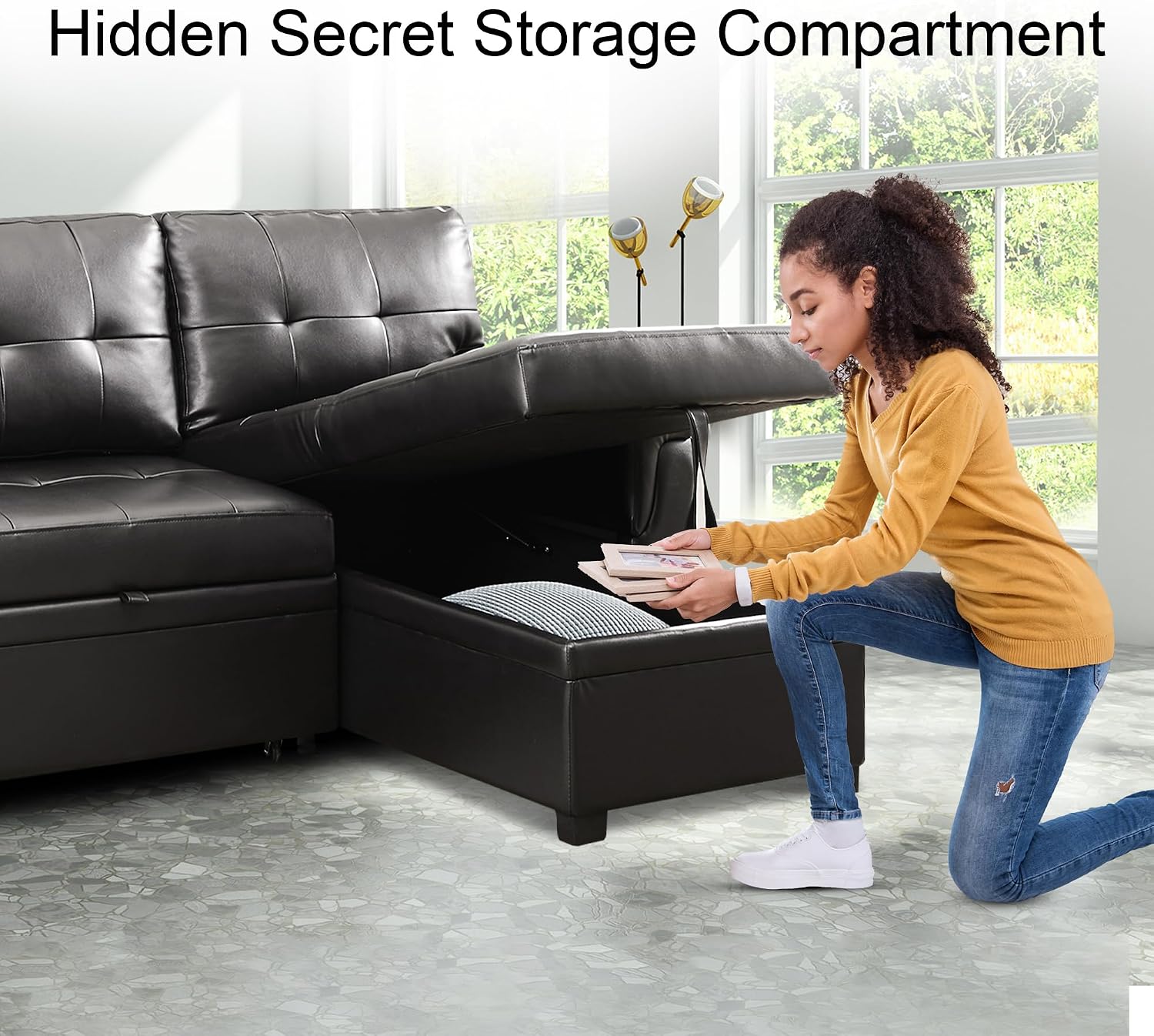 Naomi Home L Shaped Sectional Couch with Storage & Pull Out Bed – 3-in-1 Convertible Sleeper Sofa Bed, Small L Shape Sofa for Living Room, Sofa Bed with Storage Chaise in Black, Air Leather