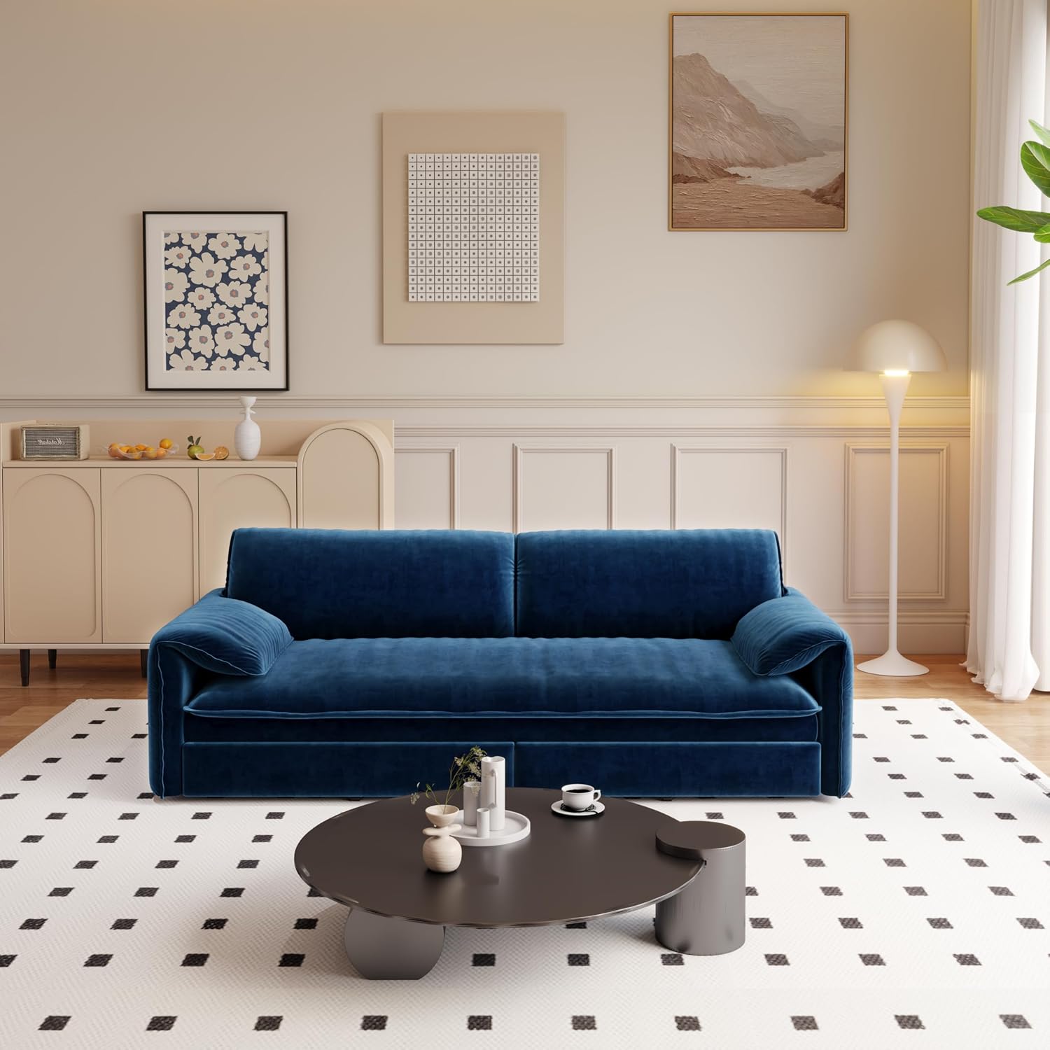 66' Sleeper Sofa Bed Queen Size, 3-in-1 Convertible Couch, Modern Pull Out Couches, Comfy Velvet Futon Sofa, Cloud Loveseat Lounge, Pillow Arm, for Small Spaces, Living Room, Apartment, Blue