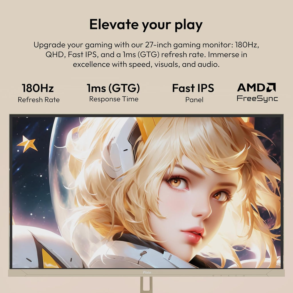 Pixio PX278 Wave Beige 27 inch 180Hz Refresh Rate FHD 1440p Resolution Fast IPS Panel 1ms GTG Response Time Gaming Monitor and PS1S Wave Beige Single Monitor Arm - Fits up to 32 inches and 19.8lbs