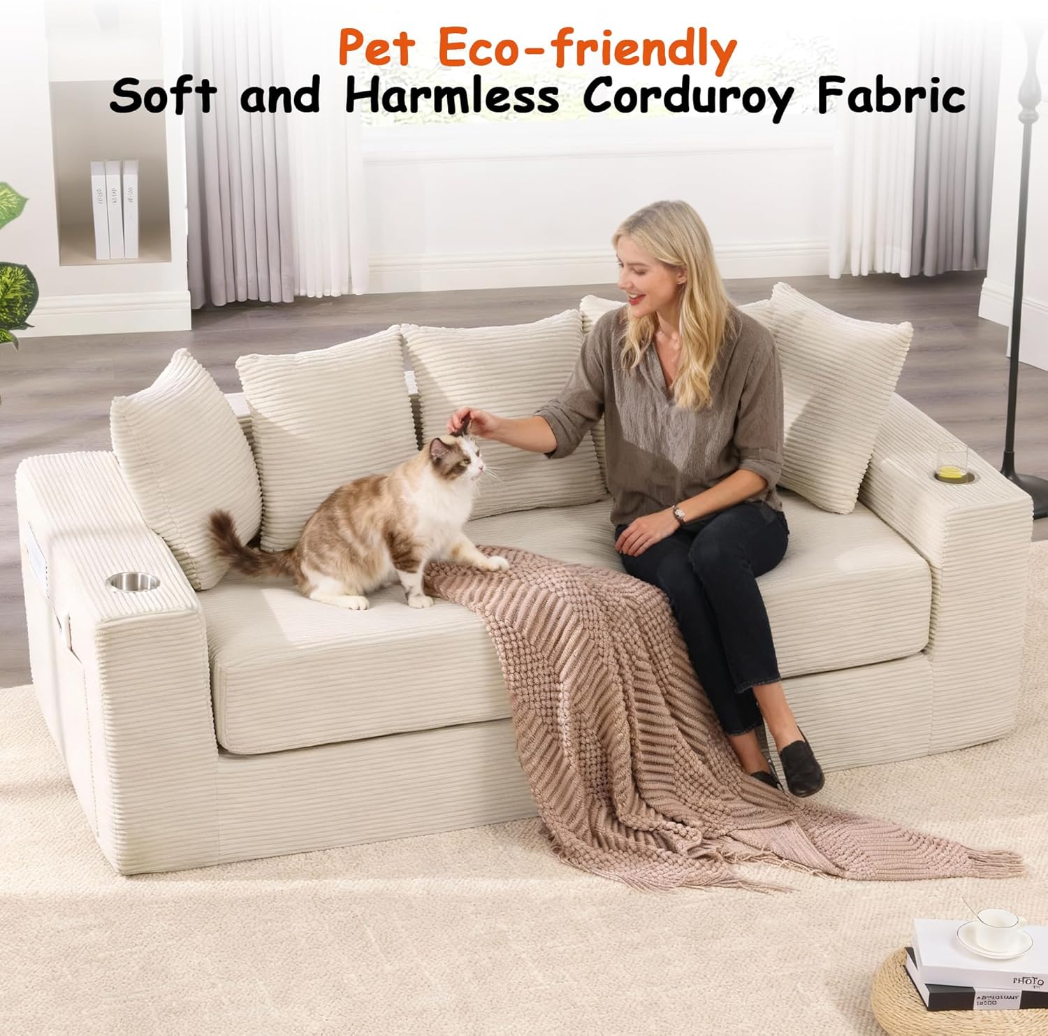 76' Convertible Sofa Bed, 2-in-1 Boneless Sleeper Sofa with Cup Holder & Pocket, Corduroy Pull Out Couch with 5 Pillows, Couch Bed for Living Room, Small Spaces, Bedroom, No Assembly