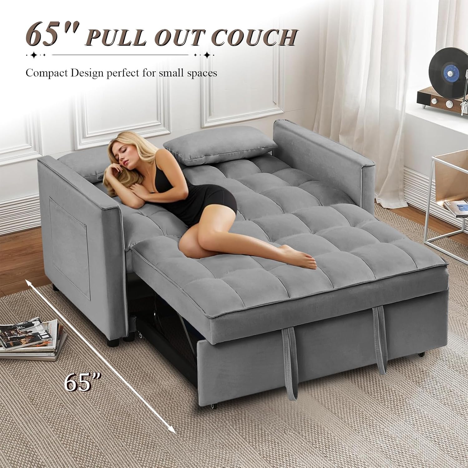 3 in 1 Convertible Sleeper Sofa Bed, Futon Couches for Living Room with Side Pocket/Adjustable Backrest, Velvet Upholstered Pull Out Couch, Small Loveseat Sofa Bed for Bedroom Office Small Spaces