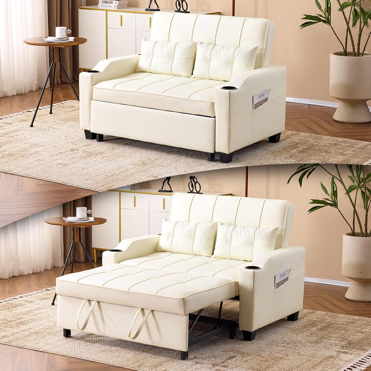 VINGLI Beige Loveseat Sleeper Sofa, Convertible Futon Sofa Bed Pullout Couch Bed with USB Ports, Cup Holders, Armrest for Living Room, Bedroom, Home Office Apartment