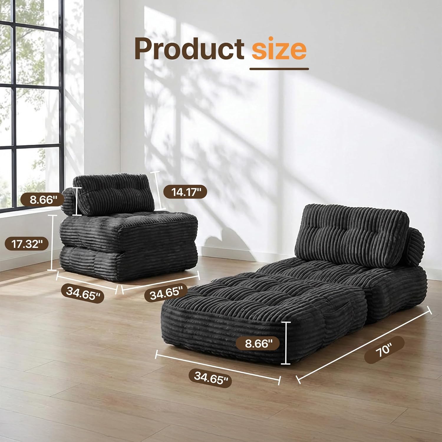 Claiks Folding Sofa Bed, Boneless Chair with Pillow Sleeper Sofa with Back Support, Sleeper Chair Portable Fold Out Chair Bed Comfy Foldable Mattress for Living Room, Black, Single