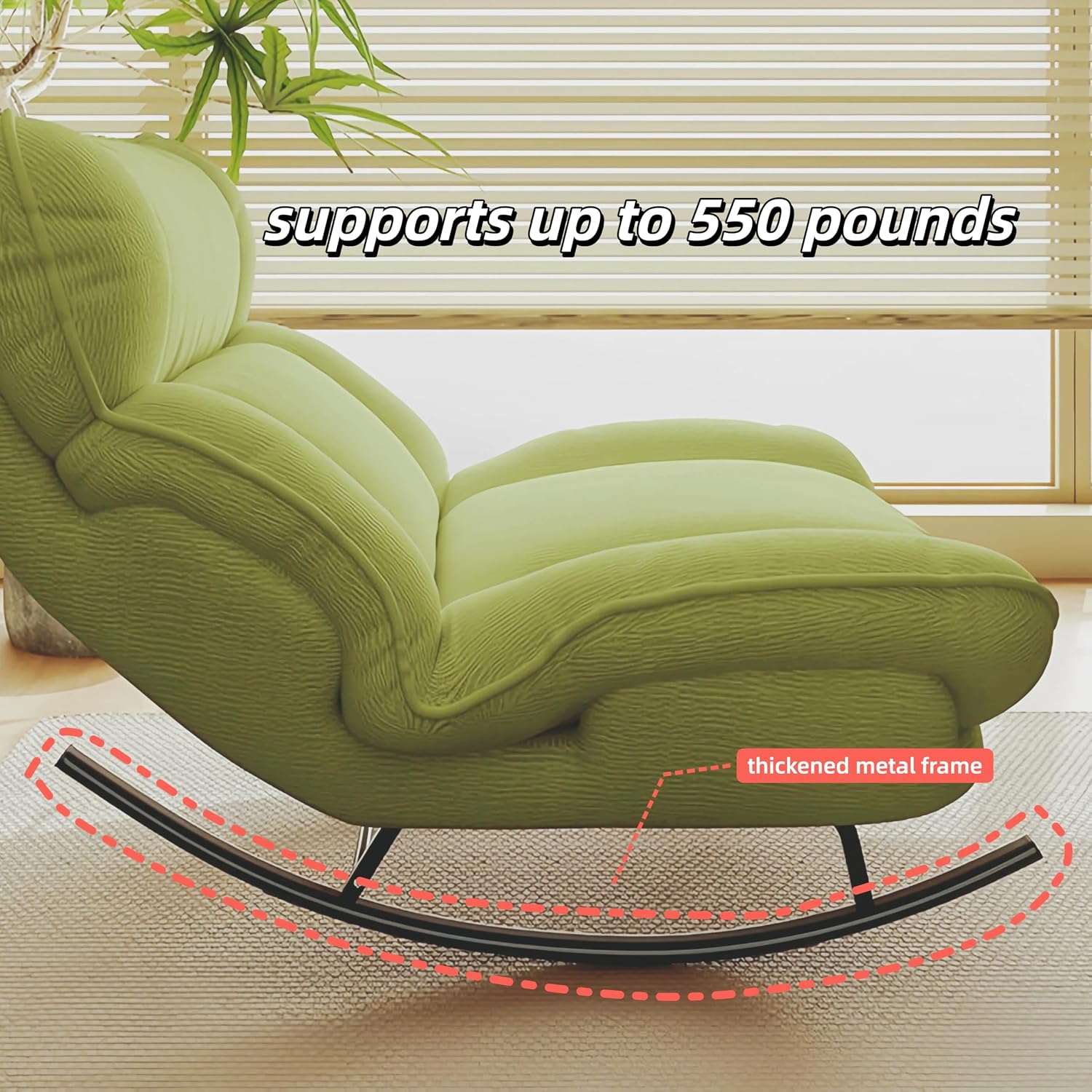 Sofa Rocking Chair Metal Frame with Adjustable Backrest Comfortable Decorative Chair Modern Ergonomic Sofa for Living Room Bedroom (Green)