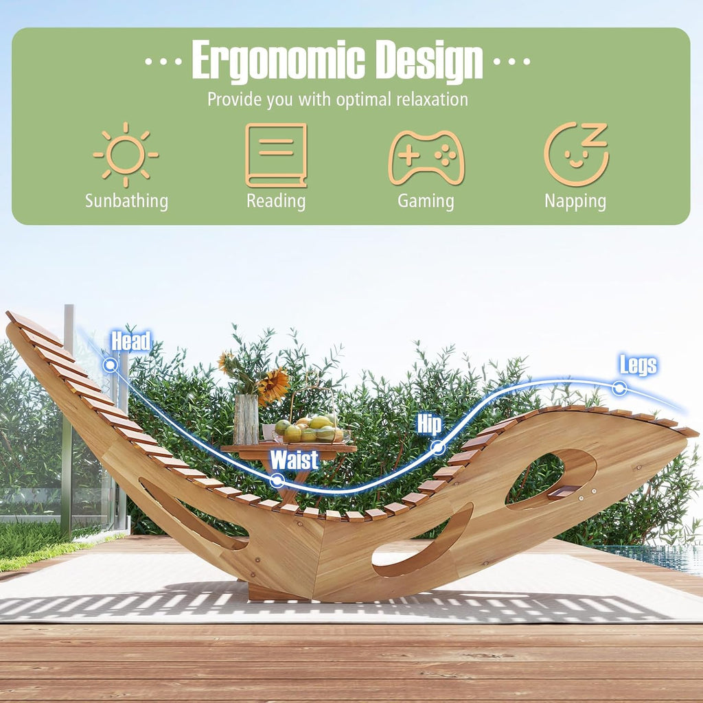 RELAX4LIFE Rocking Chaise Lounge Chair - Acacia Wood Sun Lounger w/Slatted Seat & Bottom Stopper, Indoor Outdoor Rocker for Pool Porch Patio, 350LBS Capacity, Wooden Rocking Lounge Chair (1, 23.5'')