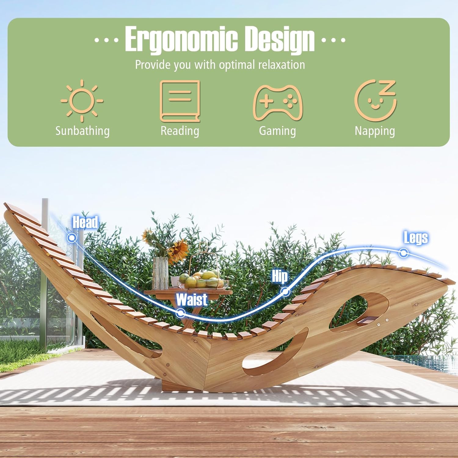 RELAX4LIFE Rocking Chaise Lounge Chair - Acacia Wood Sun Lounger w/Slatted Seat & Bottom Stopper, Indoor Outdoor Rocker for Pool Porch Patio, 350LBS Capacity, Wooden Rocking Lounge Chair (1, 23.5'')