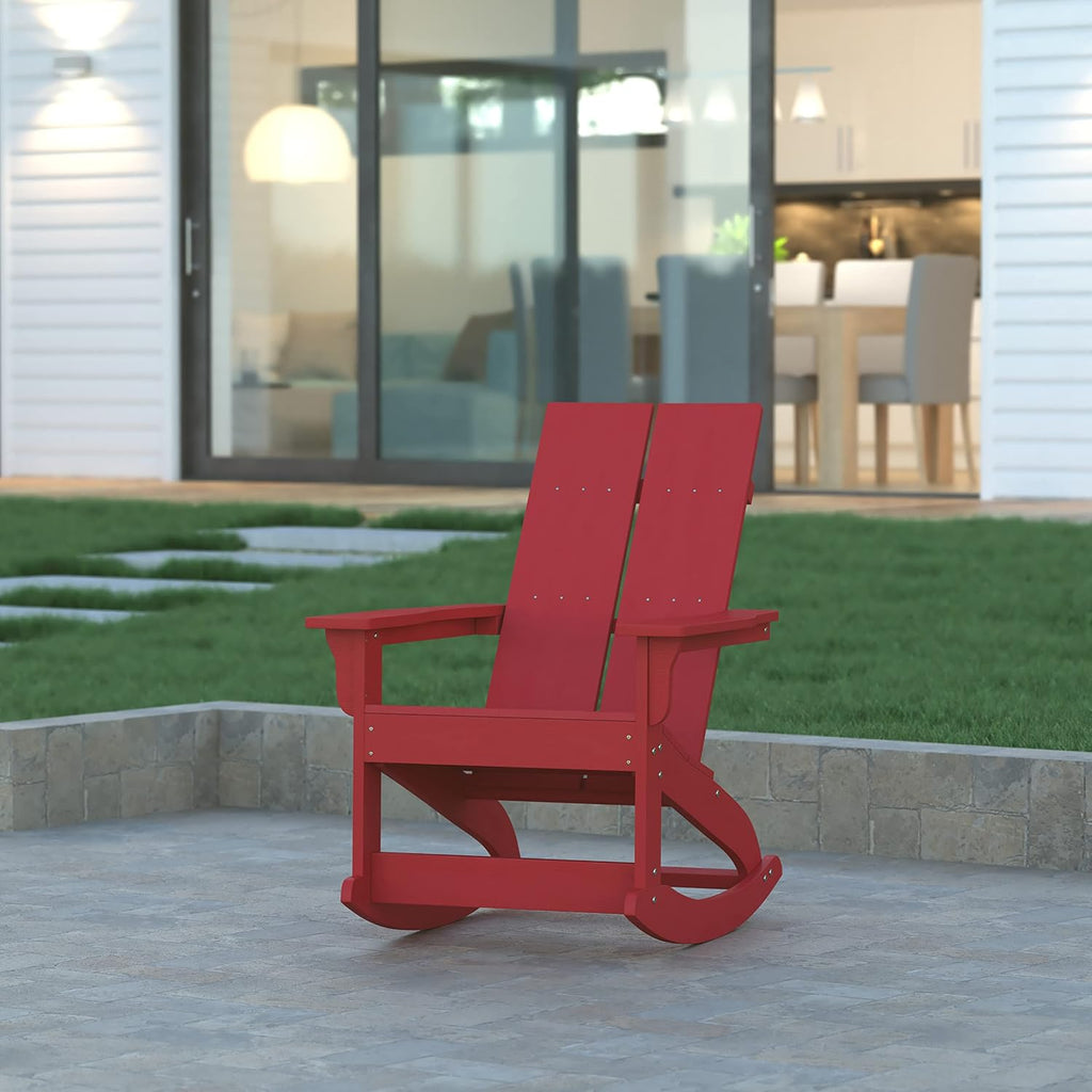 EMMA + OLIVER Harmon Adirondack Rocking Chair - Red Poly Resin - Suitable for Indoor/Outdoor Use - All Weather Materials - Easy Assembly - 350 lb. Weight Capacity