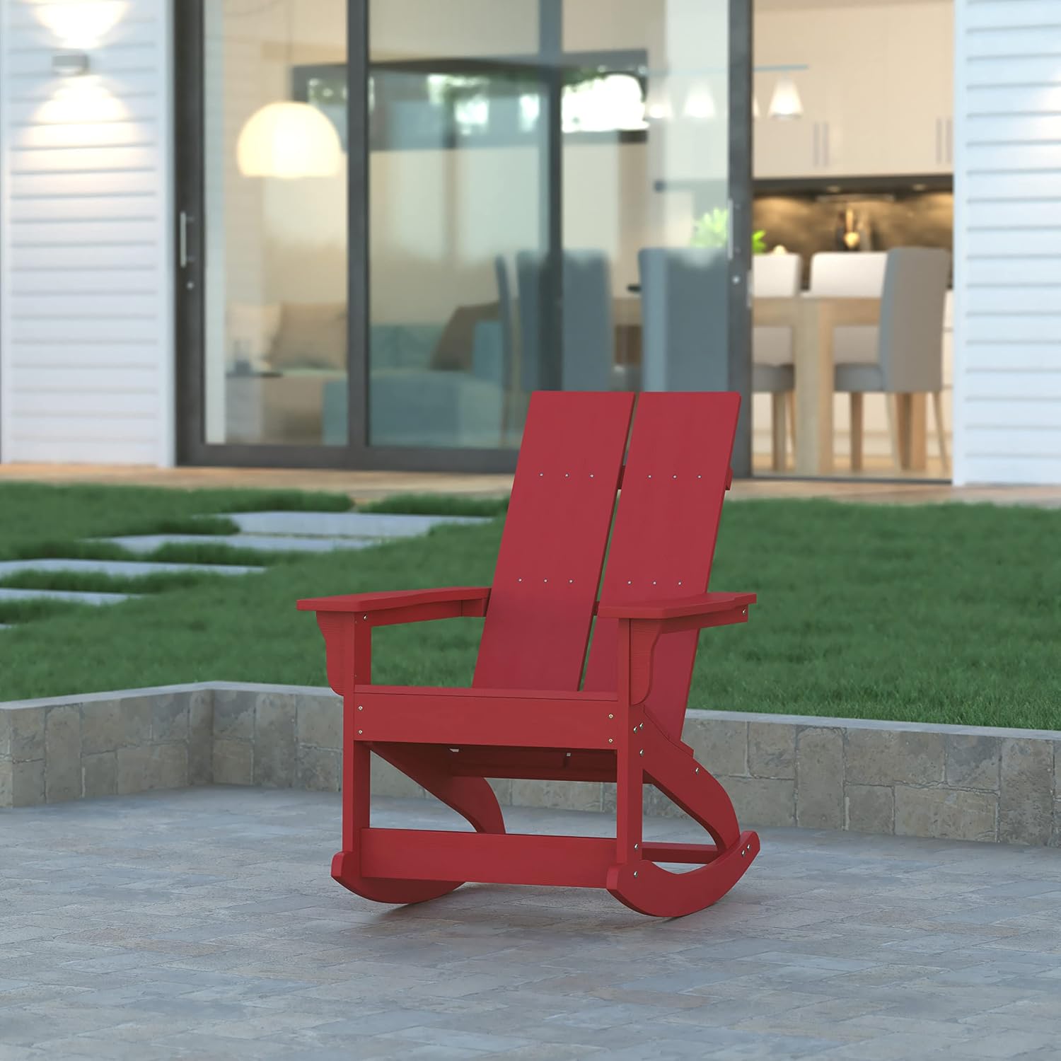EMMA + OLIVER Harmon Adirondack Rocking Chair - Red Poly Resin - Suitable for Indoor/Outdoor Use - All Weather Materials - Easy Assembly - 350 lb. Weight Capacity