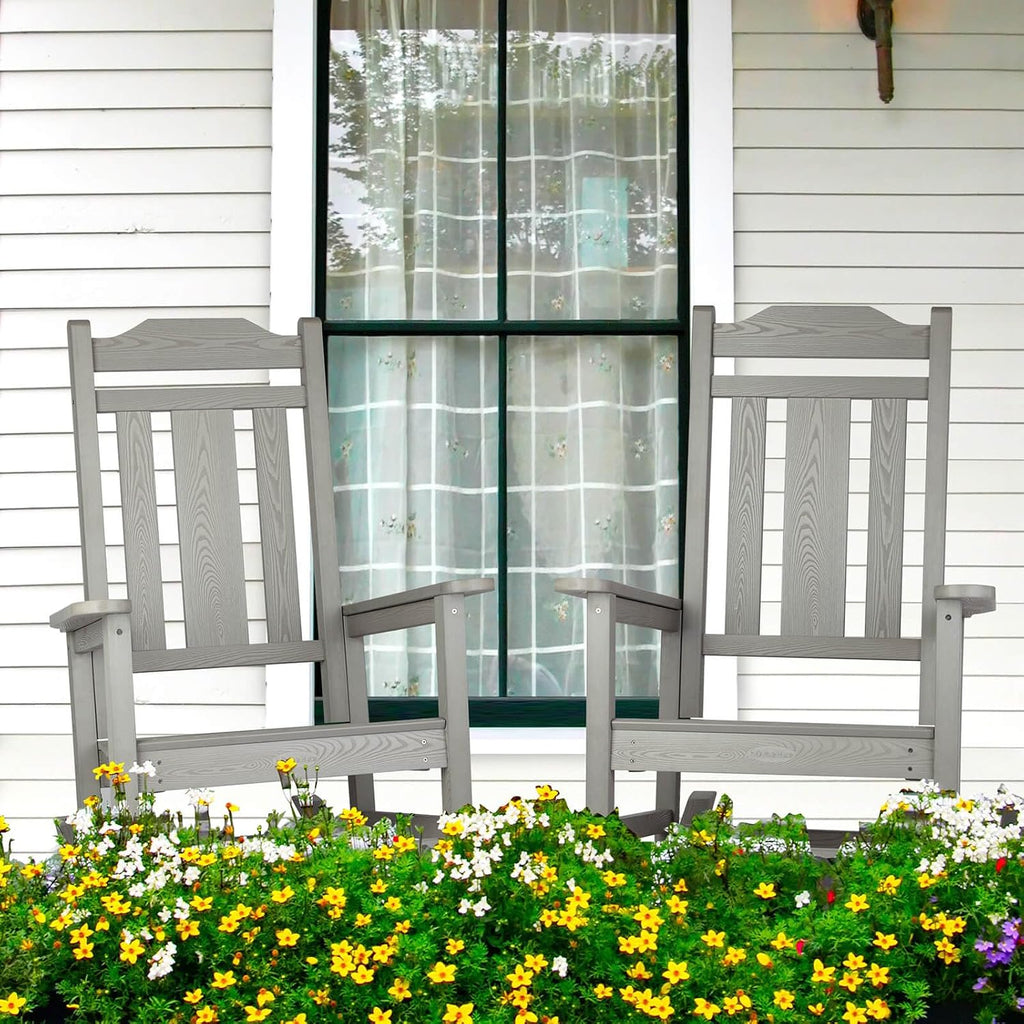 hOmeHua Rocking Chair, All-Weather Oversized Outdoor Indoor Chairs, Patio Fade-Resistant Porch Rocker Chair, Durable Smooth Rocking, Comfortable Easy to Assemble, Low Maintain (Gray)