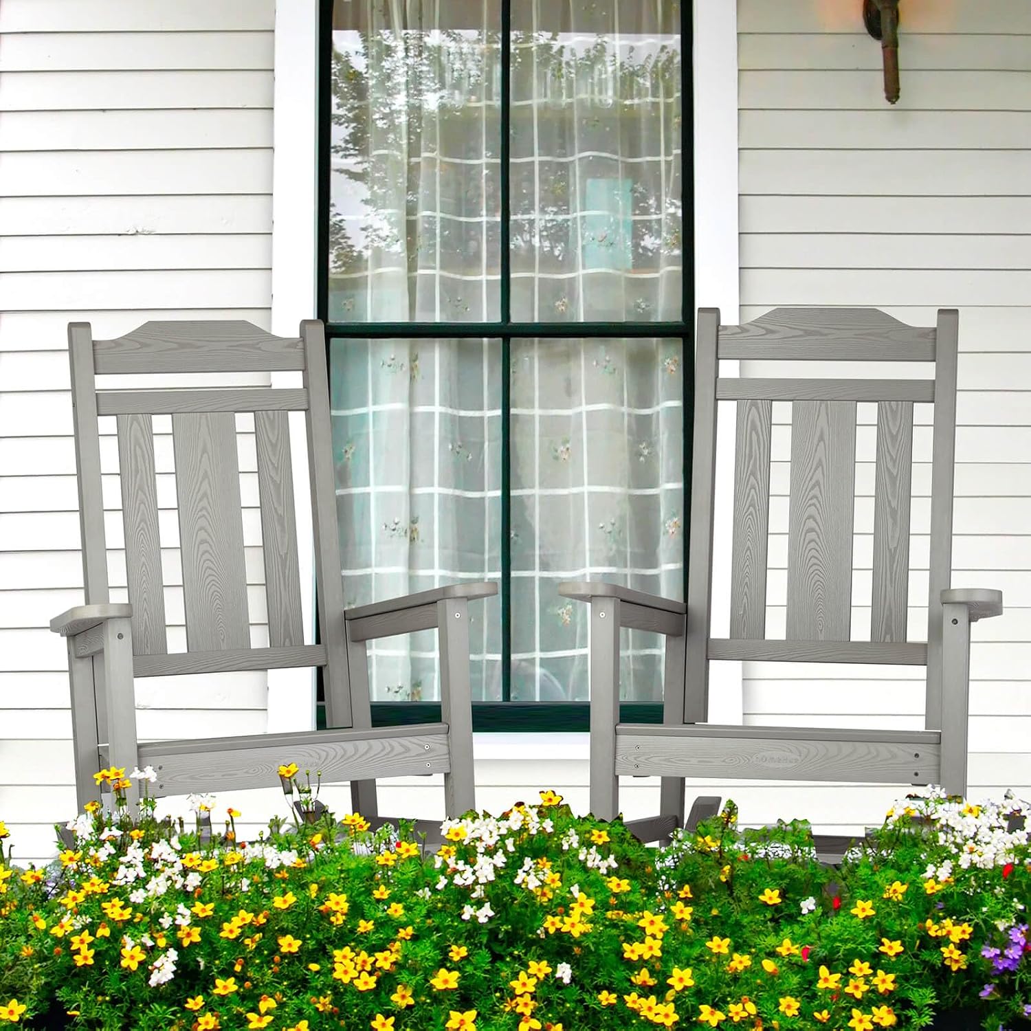 hOmeHua Rocking Chair, All-Weather Oversized Outdoor Indoor Chairs, Patio Fade-Resistant Porch Rocker Chair, Durable Smooth Rocking, Comfortable Easy to Assemble, Low Maintain (Gray)