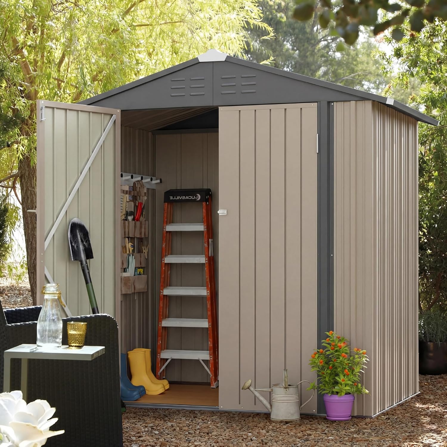 JUMMICO Metal Outdoor Storage Shed 6 x 8 FT Metal Shed with Lockable Door,Waterproof Garden Tool Shed Storage House for Backyard Patio Lawn,Brown