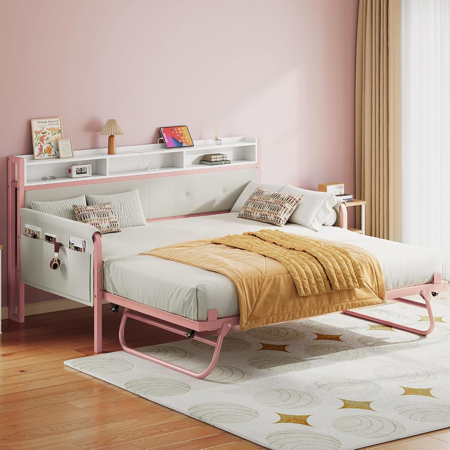 LIKIMIO Daybed with Trundle, Twin Bed Frame with Upholstered Headboard and Charging Station, Sofa Day Bed with Strong Supports for Living Room, Bedroom and Guest Room, Pink