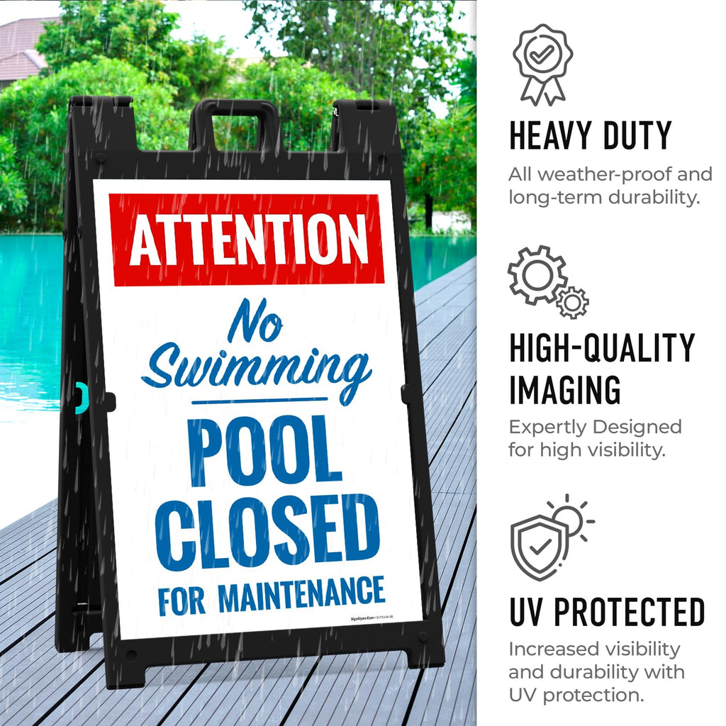 Attention Pool Closed for Maintenance No Swimming Folding Floor Sign, 24x36 Inches, with A Frame Stand, Made in USA by Sigo Signs