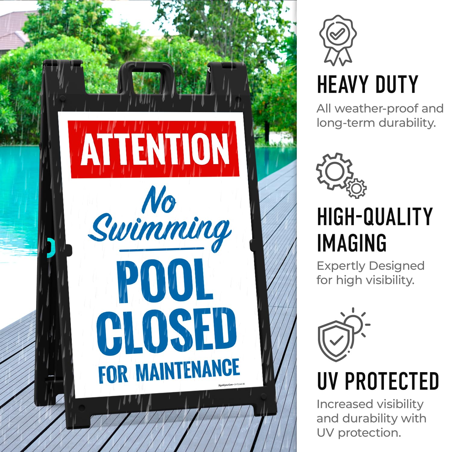 Attention Pool Closed for Maintenance No Swimming Folding Floor Sign, 24x36 Inches, with A Frame Stand, Made in USA by Sigo Signs