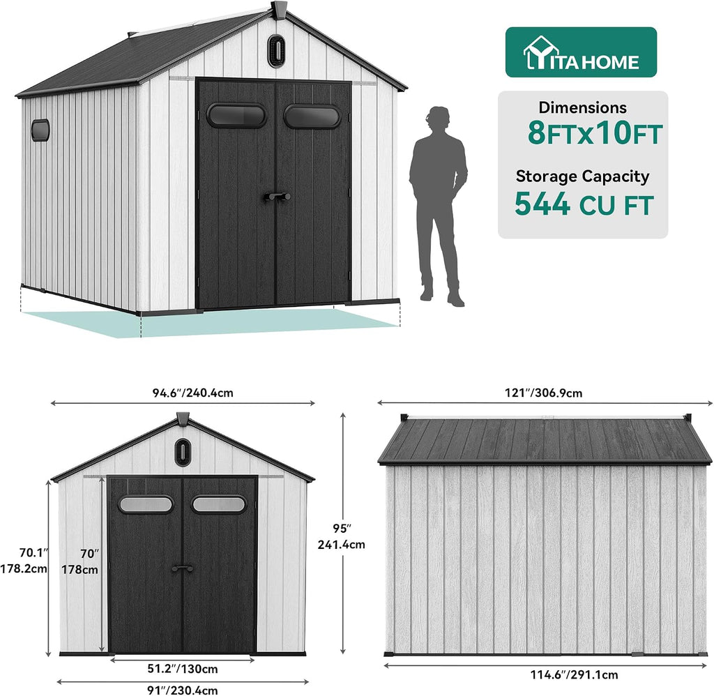 YITAHOME 8x10ft Resin Storage Shed, Extra Thick Outdoor Plastic Garden Storage Unit with Oval Vision Windows & Lockable Doors, 16mm Heavy Duty Waterproof Tool Sheds with Floor for Lawn Equipment, Gray