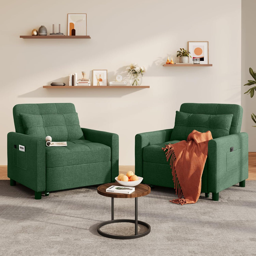 Ahomly Convertible Sleeper Chair Sofa Bed with 3-in-1 Design, Adjustable Backrest, and Storage Pocket for Living Room, Green