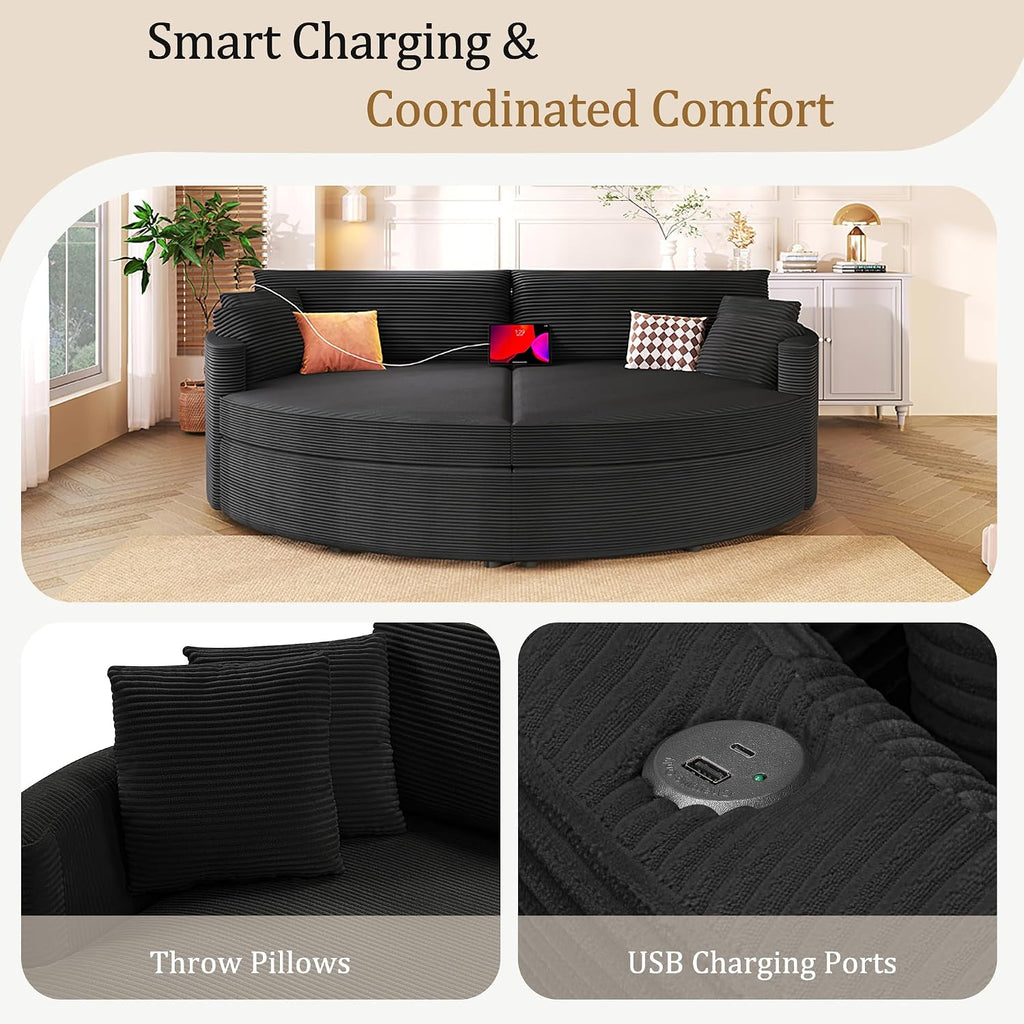 Merax 102.3' Oversized Double Chaise Lounge Indoor, Comfy Corduroy Upholstered Loveseat Sleeper Sofa Bed, Deep Seat Cloud Couch with USB Ports and Throw Pillows for Living Room, Black