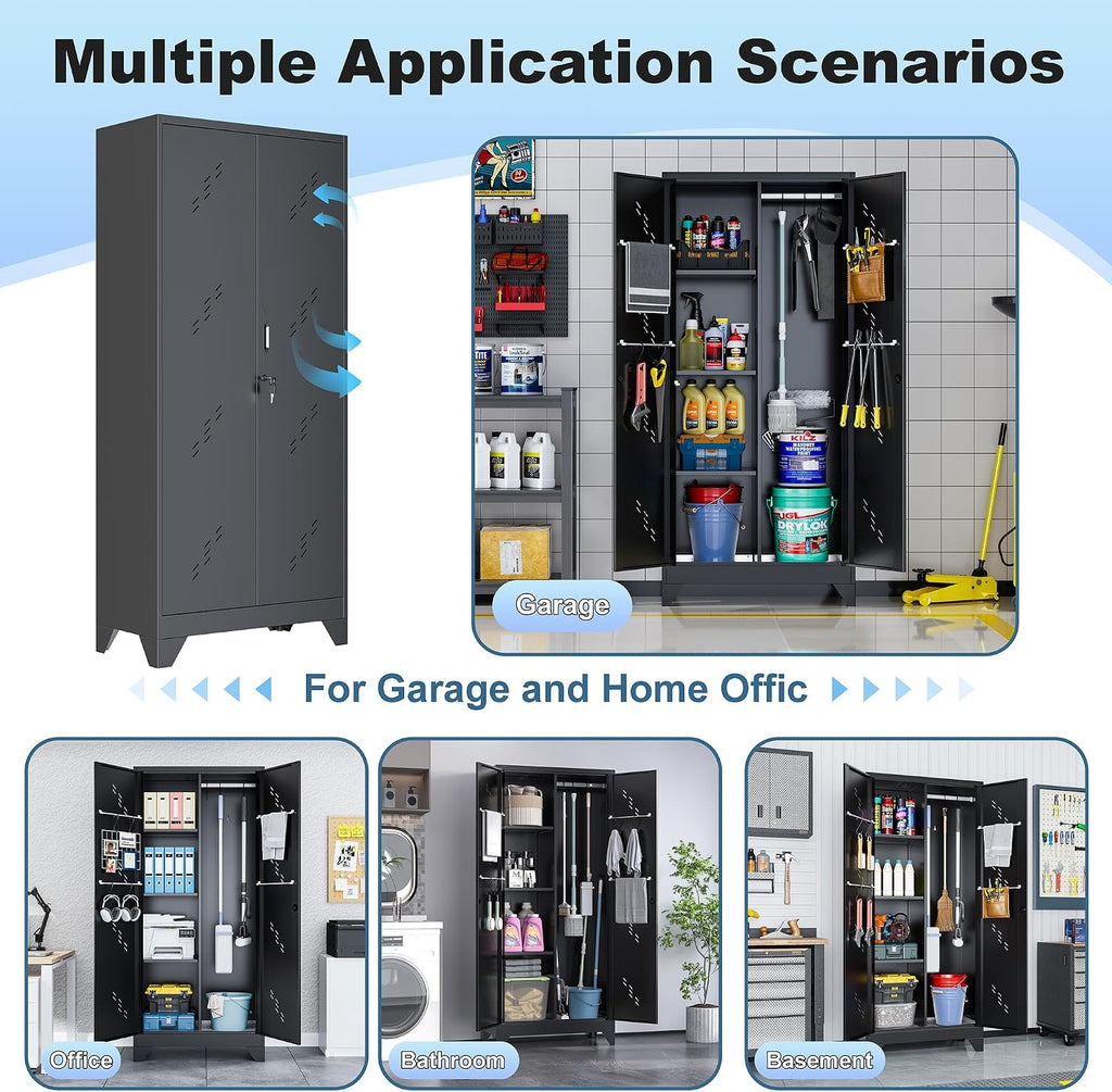 Metal Storage Cabinet, Large Tool Cabinets with Lockable Doors, 71' Kitchen Pantry, Tall Garage Storage with Hanging Rod. Utility Closet for Office, Garage, Laundry Room
