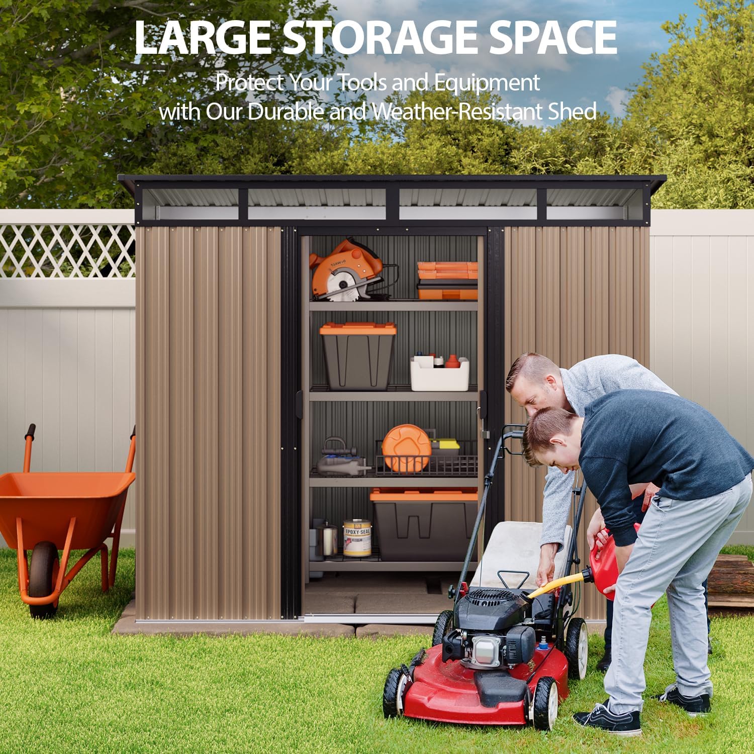 Gizoon 7.4'x5.3' Outdoor Storage Shed Metal Garden Shed with Sliding Lockable Doors, Versatile Tool Bike Shed with Transparent Panel Windows, Outdoor Storage Clearance for Backyard, Patio, Light Brown