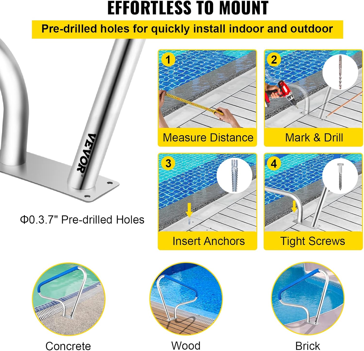 VEVOR Pool Rail 48x36 Pool Railing Brushed Stainless Steel 250LBS Load Capacity Silver Rustproof Pool Handrail Humanized Swimming Pool Handrail with Blue Grip Cover & M8 Drill Bit & Self-Taping Screws
