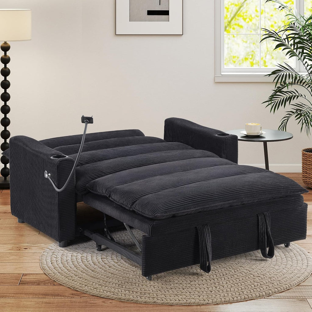 HAOMARKETS 3-in-1 Convertible Loveseat Sleeper Sofa Bed, 2-Seat Pull Out Couch with Cup Holders, Phone Holder and USB Ports, Corduroy 3-Level Adjustable Backrest Couches for Living Room, Black