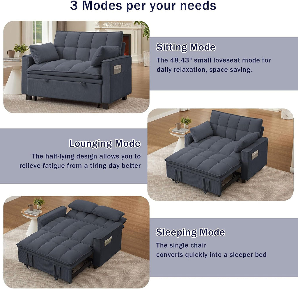 Sleeper Sofa with Pull Out Couch Bed, 48' Convertible Pull-Out Sofa Bed Chair, 3-in-1 Futon Couch with Reclining Backrest and Side Pockets for Living Room Bedroom Apartment, Dark Grey