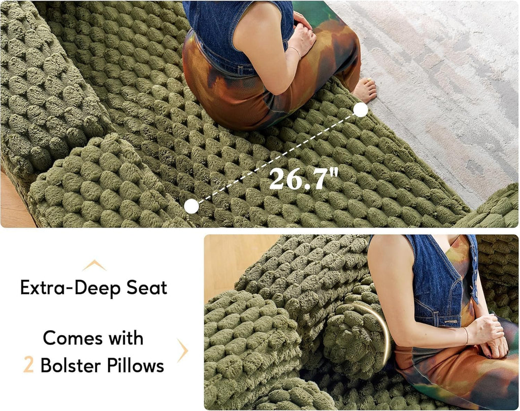 VanAcc Futon Sofa Bed, Convertible Futon Couch with Plush Faux Fur, No Assembly Mattress Futon Sofa for Living Room, Apartment, Bedroom, Green