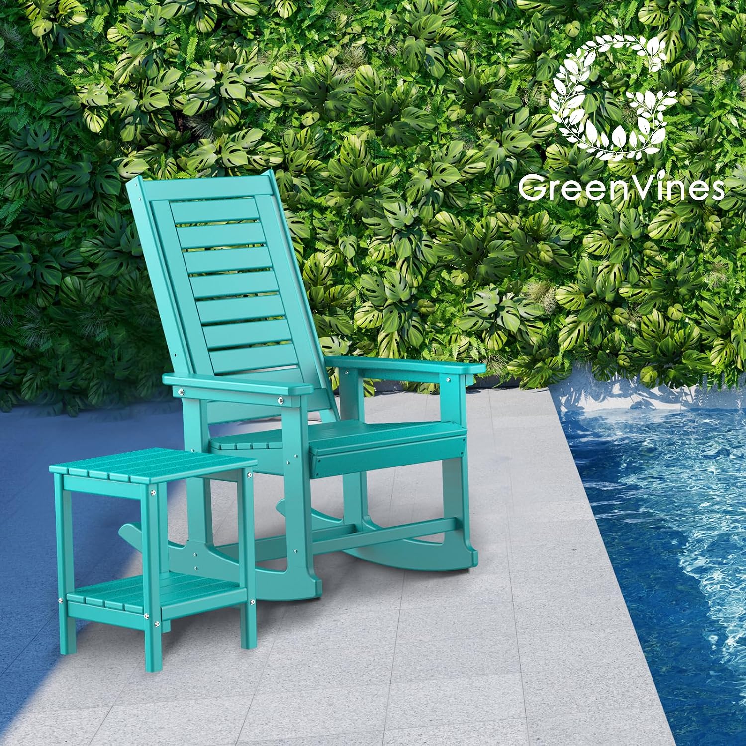 GREENVINES Outdoor Rocking Chairs | Set of 4 | Porch Rocker | HDPE Plastic | Aqua | Oversized Rockers | High Back | Big & Tall | Ladder Back | for Patio Outside Backyard Balcony Garden