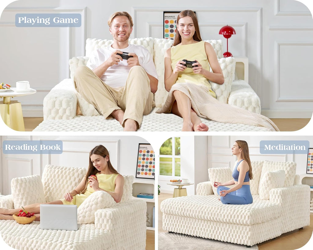 VanAcc 58-Inch Plush Sleeper Chair with Throw Pillows, Upholstered Chaise Lounge & Sofa Bed with Armrests for Living Room, Off-White