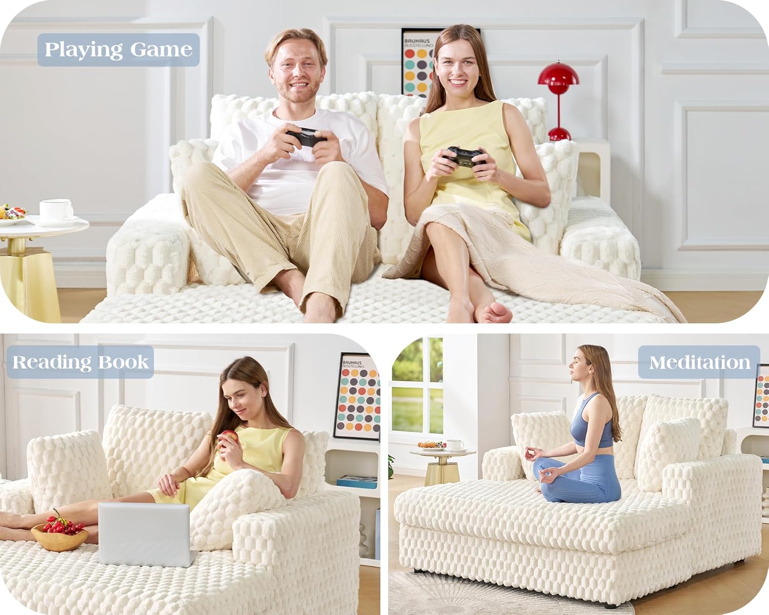 VanAcc 58-Inch Plush Sleeper Chair with Throw Pillows, Upholstered Chaise Lounge & Sofa Bed with Armrests for Living Room, Off-White