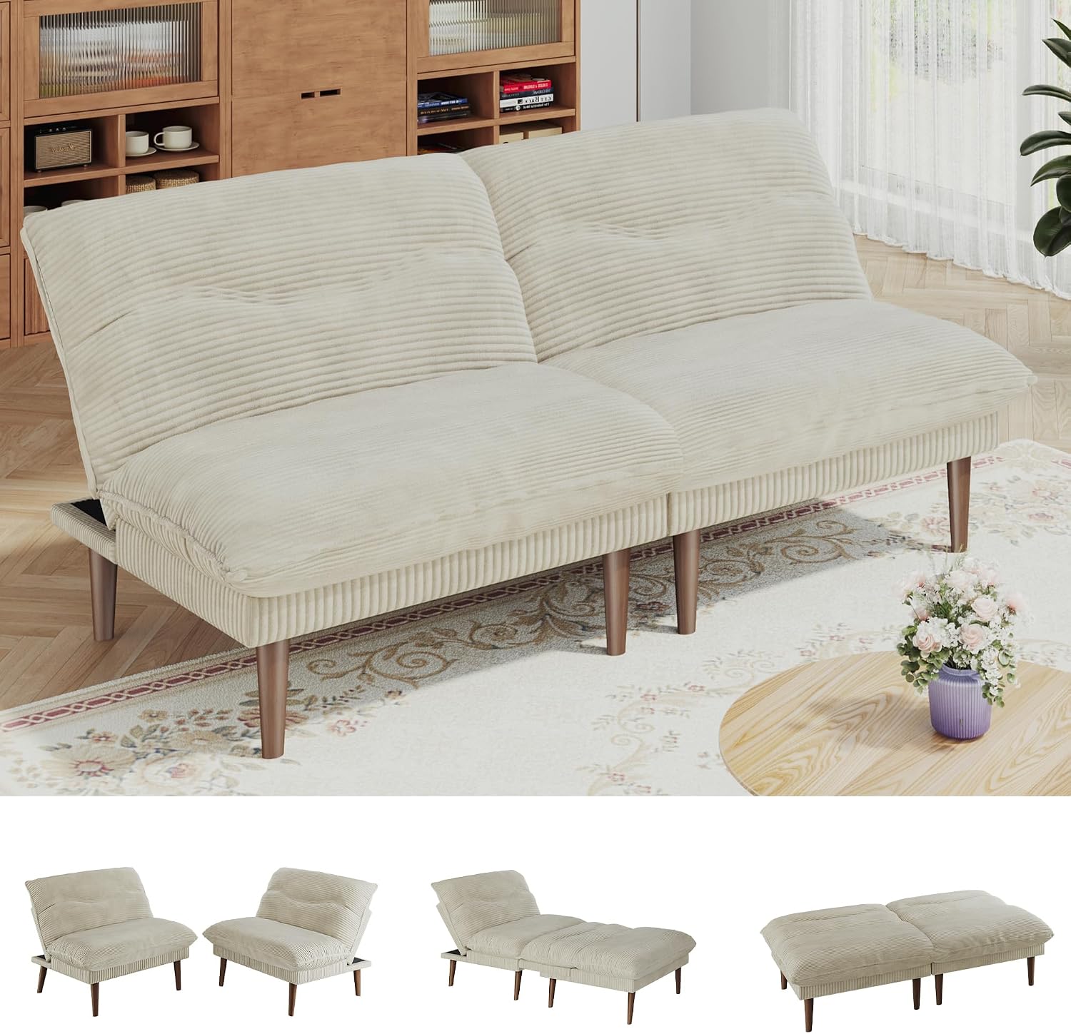 DreamDashio Futon Sofa Bed, 4 in 1 Multi-Functional Futon Couch with Adjustable Backrest, 75 inch Convertible Sleeper Sofa Bed and Recliner Lounge, Corduroy Loveseat for Living Room, Apartment, Beige