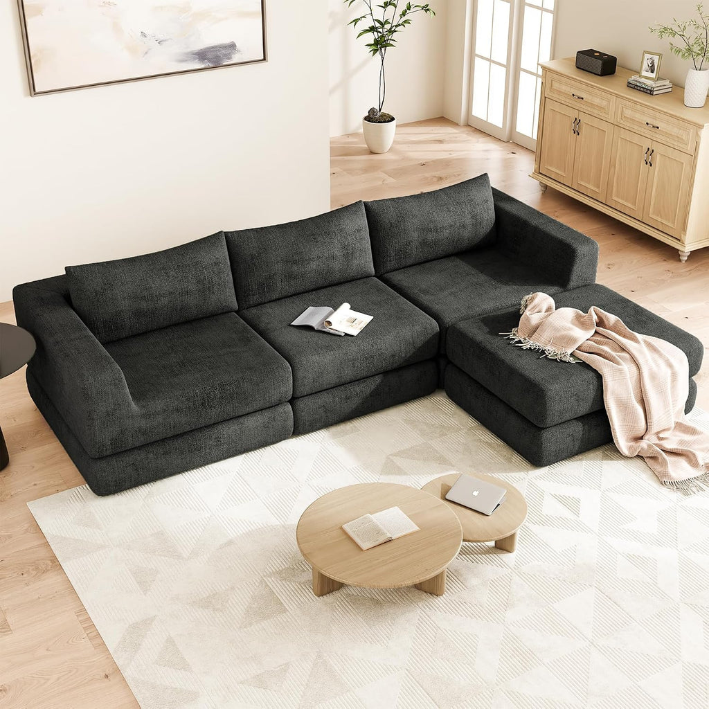 Chenille Modular Floor Sofa Bed, L Shaped Convertible Sleeper Couch with Memory Foam Cushions, Low Profile Sectional Sofa for Living Room, Apartment, Guest Room,Dark Grey