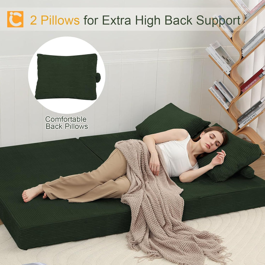 COMAX Convertible Sofa Bed, Folding Floor Couch Corduroy Fold Out Couch Bed Futon Sleeper Mattress with Pillows, Boneless Sofa Comfy Lounge Loveseat for Living Room Bedroom, Green