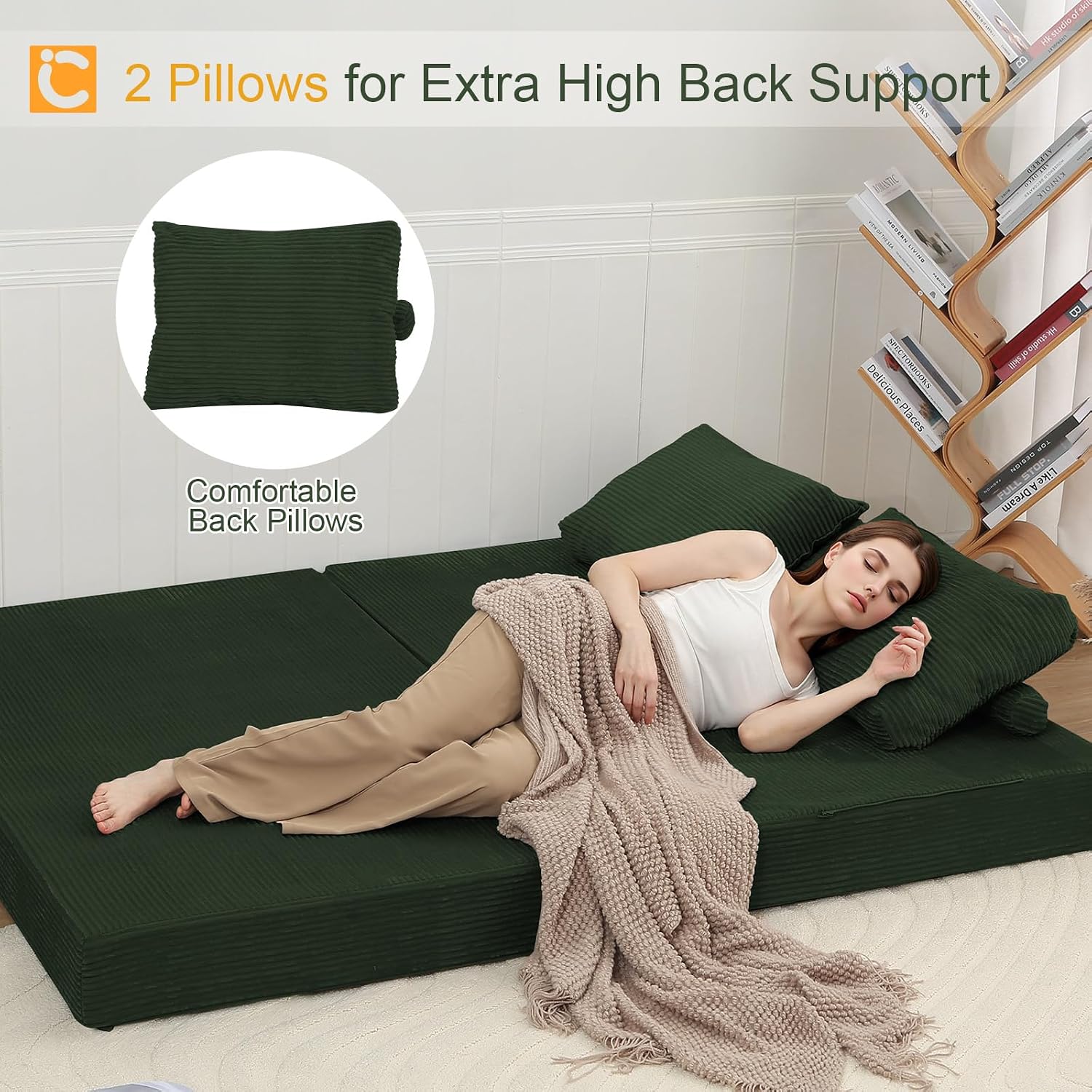 COMAX Convertible Sofa Bed, Folding Floor Couch Corduroy Fold Out Couch Bed Futon Sleeper Mattress with Pillows, Boneless Sofa Comfy Lounge Loveseat for Living Room Bedroom, Green