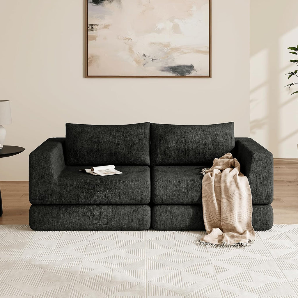 Chenille Convertible Futon Sofa Bed – Folding Iron Frame Sleeper Couch with Adjustable Backrest, Loveseat Recliner for Living Room, Apartment,(Dark Gray)