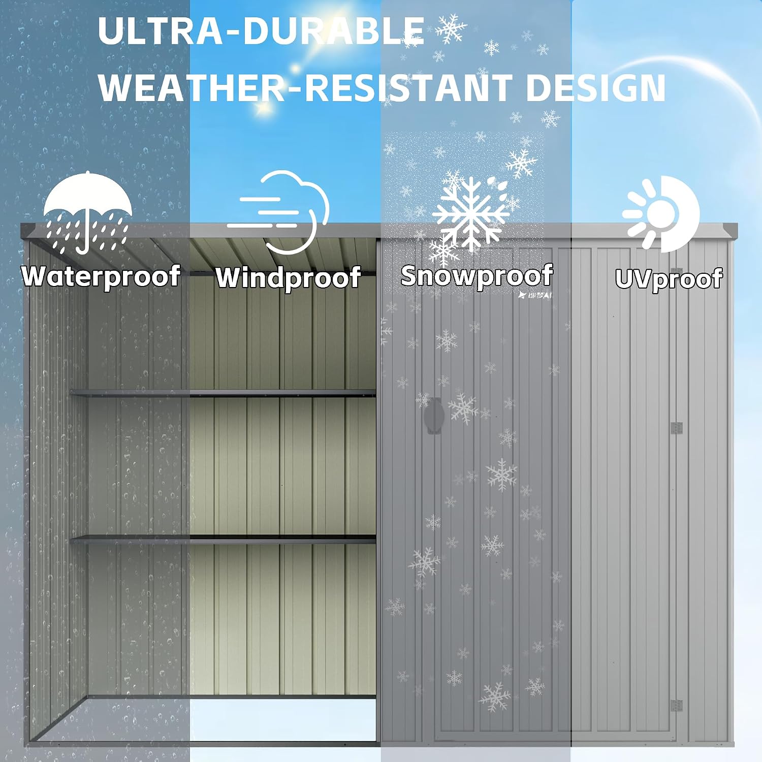 Durable 8×4 FT Metal Outdoor Storage Shed with Shelves, Waterproof & Lockable Garden Tool Shed, Small Backyard Patio Storage Shed for Lawn Mower, Dark Gray (No Floor)