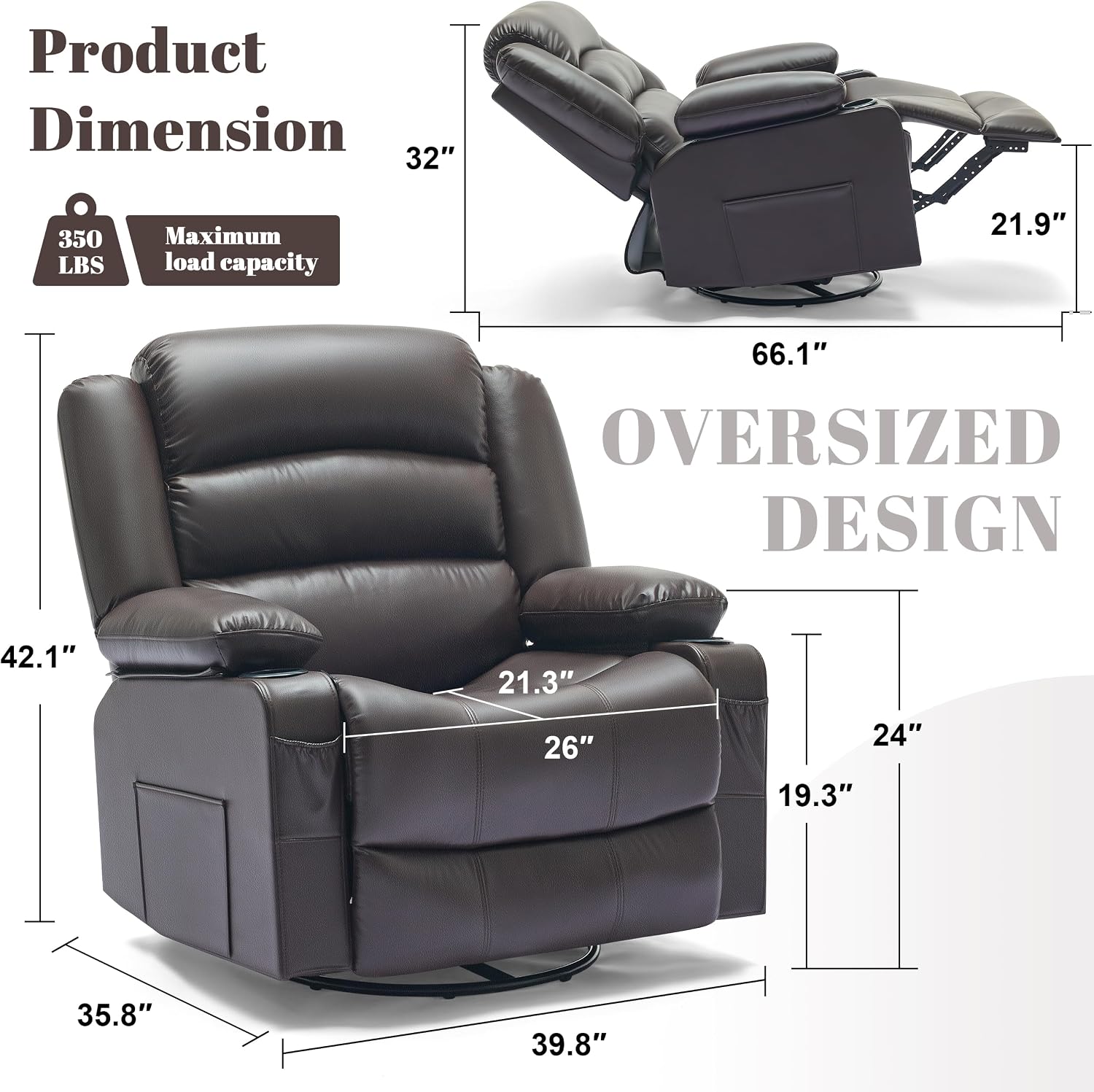 Oversized Nursery Rocking Chairs with Heat and Massage, 360° Swivel Recliner Chair for Adults, Recliner Single Sofa Seat with Cup Holders, Lazy Boy Recliner Single Sofa (Oversized Manual, Darkbrown)