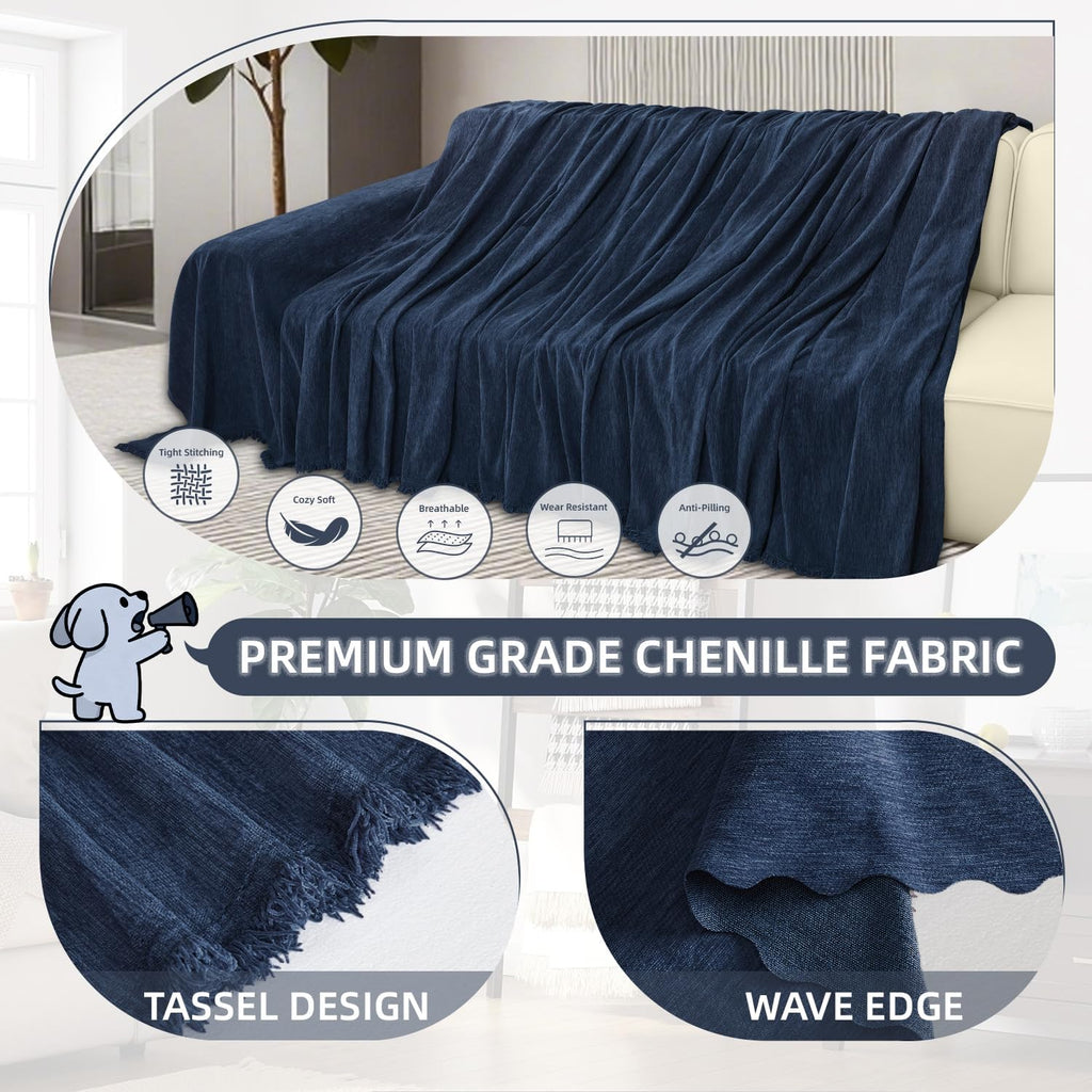 1OO% Waterproof Corner Sectional Couch Covers L Shape Chenille Sectional Sofa Cover with Tassel Soft Thick Washable Sofa Slipcover Furniture Protector for Dogs Pets (91' x 276', Navy Blue)