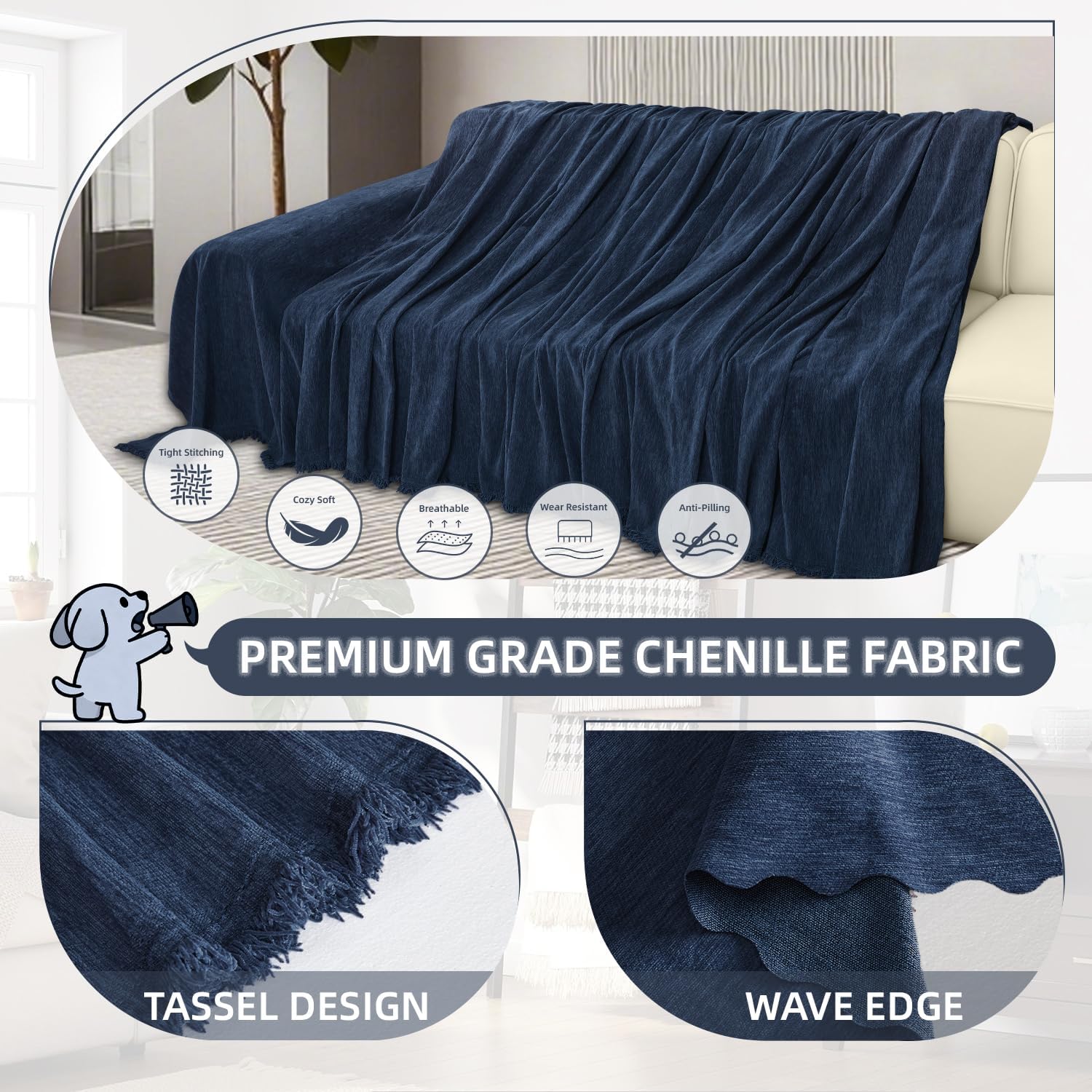 1OO% Waterproof Corner Sectional Couch Covers L Shape Chenille Sectional Sofa Cover with Tassel Soft Thick Washable Sofa Slipcover Furniture Protector for Dogs Pets (91' x 276', Navy Blue)