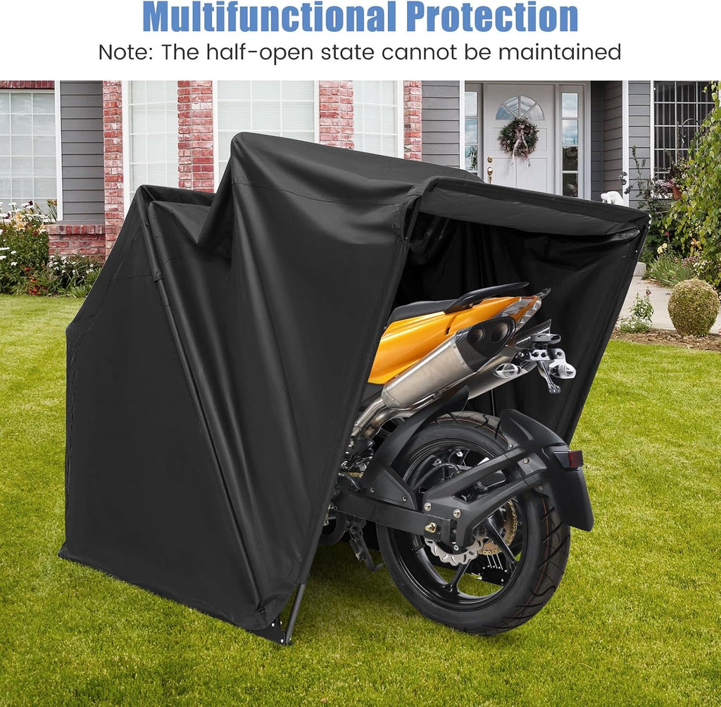 Tangkula Motorcycle Shed - Waterproof Garage with 600D Oxford Cover, Ventilation Window, Heavy Duty Storage for Motorbike, Scooter, Vehicles, 136' x 54' x 75'
