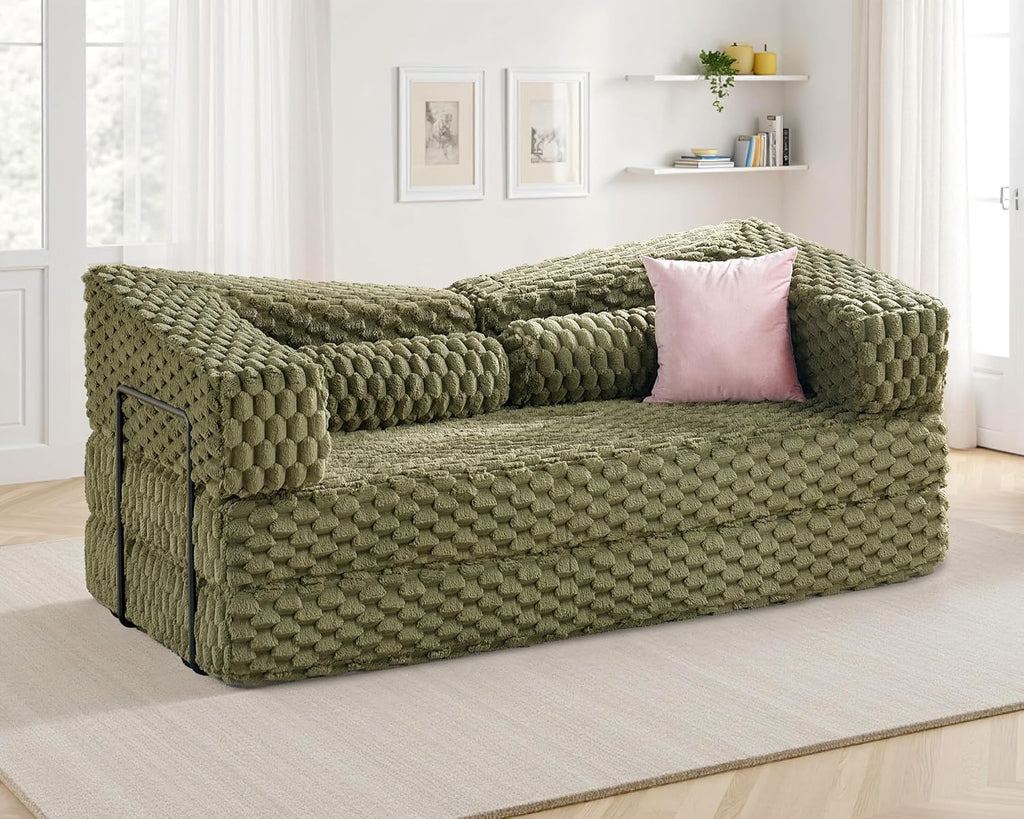 VanAcc Futon Sofa Bed, Convertible Futon Couch with Plush Faux Fur, No Assembly Mattress Futon Sofa for Living Room, Apartment, Bedroom, Green