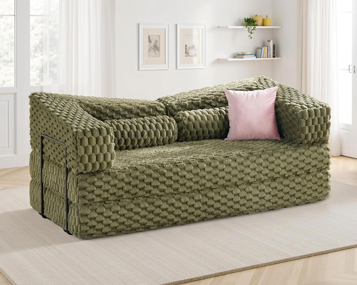 VanAcc Futon Sofa Bed, Convertible Futon Couch with Plush Faux Fur, No Assembly Mattress Futon Sofa for Living Room, Apartment, Bedroom, Green
