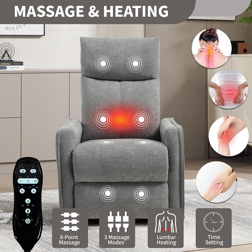 Massage Chair Recliner with Heat, 360° Swivel Glider Rocker with Reclining Backrest and Footrest, Manual Lazy Boy Recliners for Adults, Modern Nursery Rocking Chairs (Grey)