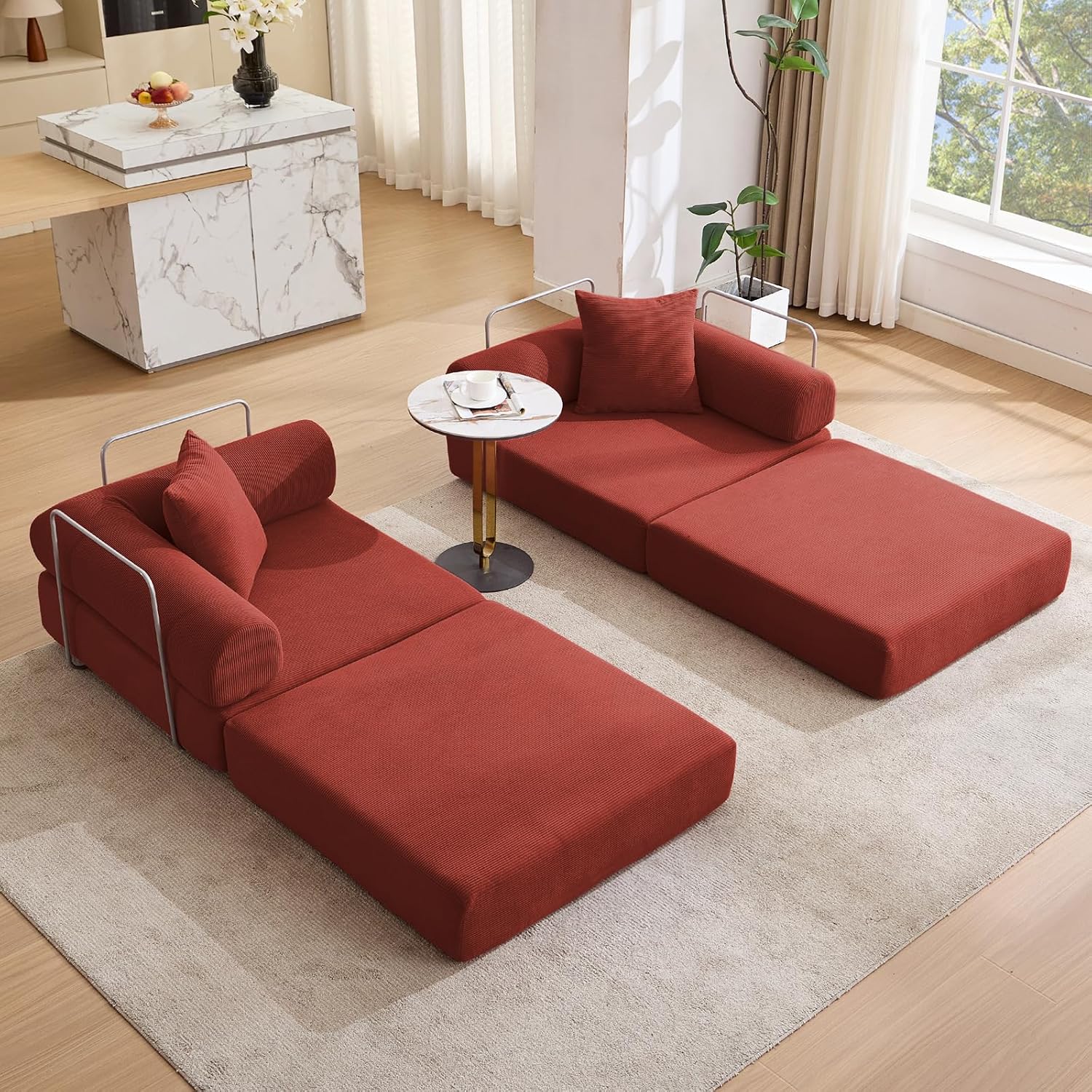 73' Convertible Modular Folding Sofa Bed, 5-in-1 DIY Combination Fold Out Sleeper Sofa Bed, Loveseat sleeper Couch with Removable Armrests, Corduroy Floor Couch, Small couches for small spaces, Red